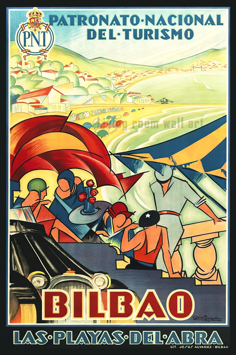 K&ouml;nnte beinhalten: Ein Vintage-Reiseposter, das f&uuml;r Bilbao, Spanien, wirbt. Das Poster zeigt eine farbenfrohe Illustration einer Strandszene mit Menschen, die sich unter Sonnenschirmen entspannen, und einem Auto im Vordergrund. Der Text auf dem Poster lautet "Patronato Nacional del Turismo" und "Bilbao Las Playas Del Abra".