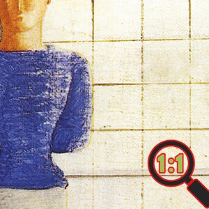 May include: A close-up of a painting depicting two people standing in front of a tiled wall. The person on the left is wearing a blue sweater and white pants. The person on the right is wearing a brown shirt. The painting is framed with a magnifying glass with the text "1:1" in the center.