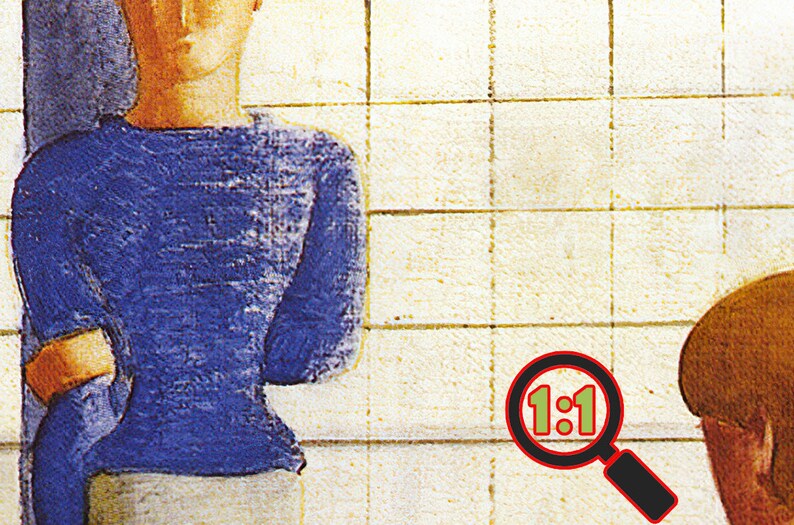 May include: A close-up of a painting depicting two people standing in front of a tiled wall. The person on the left is wearing a blue sweater and white pants. The person on the right is wearing a brown shirt. The painting is framed with a magnifying glass with the text "1:1" in the center.