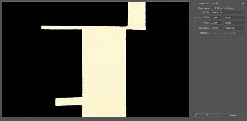 May include: Abstract graphic design with a cream-colored shape against a black background. The shape is composed of rectangular and linear elements, with a width of 23.306 inches and a height of 13.108 inches.