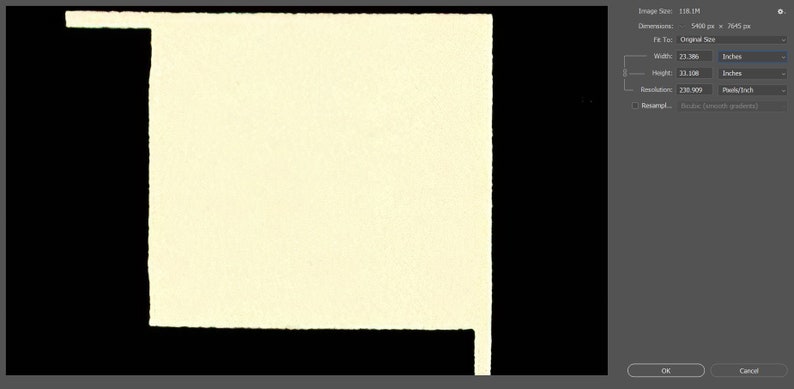 May include: A rectangular piece of off-white paper with a torn edge, set against a black background. The paper measures approximately 23.306 inches wide and 13.108 inches high. The image is a screenshot of a software interface.