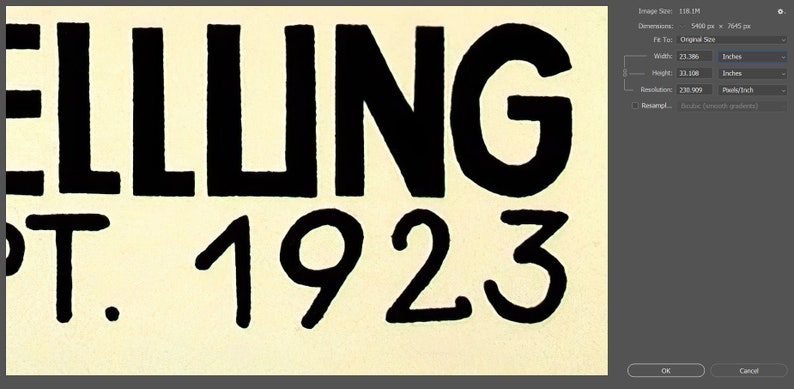 May include: Close-up of a vintage poster with bold black lettering. The word "SPELLING" is at the top, followed by "SEPT. 1923" below. The poster is 23.386 inches wide and 13.108 inches high.