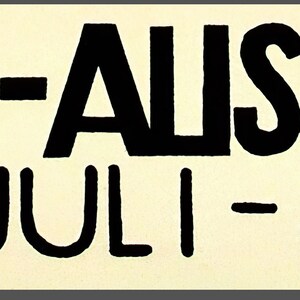 May include: A close-up of a section of a vintage poster with bold black text on a cream background. The text includes the words "LIS-ALIS" and "R, JULI-". The image also shows the dimensions of the image in centimeters.
