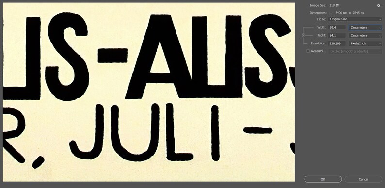 May include: A close-up of a section of a vintage poster with bold black text on a cream background. The text includes the words "LIS-ALIS" and "R, JULI-". The image also shows the dimensions of the image in centimeters.