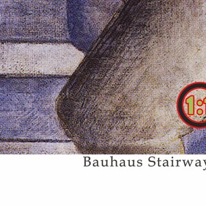 May include: A close-up of a painting depicting a stairway with a textured, gray and blue color scheme. The painting is titled "Bauhaus Stairway 1932".