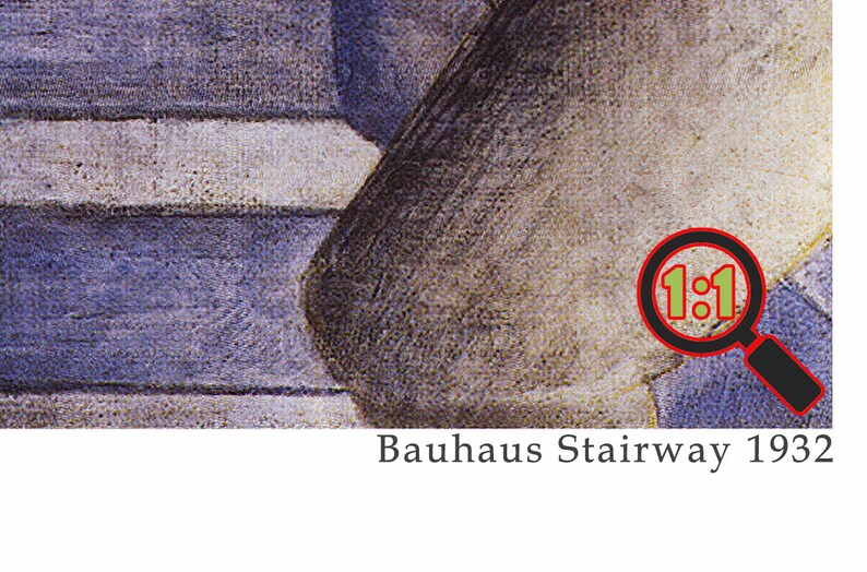 May include: A close-up of a painting depicting a stairway with a textured, gray and blue color scheme. The painting is titled "Bauhaus Stairway 1932".