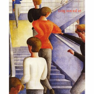 May include: A painting by Oskar Schlemmer titled "Bauhaus Stairway 1932" depicts a group of people in geometric shapes walking up a staircase. The painting is in a style reminiscent of cubism and features a blue, yellow, and red color scheme. The text "Living room wall art" is visible in the upper right corner of the painting.