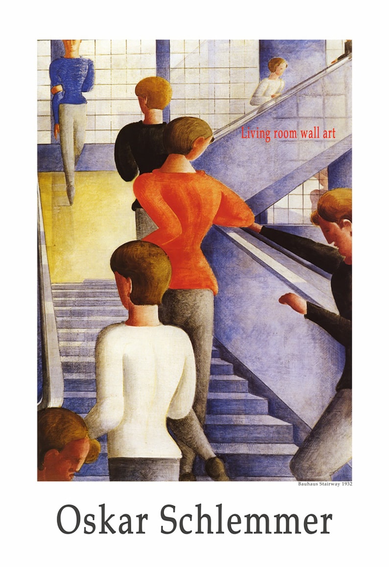 May include: A painting by Oskar Schlemmer titled "Bauhaus Stairway 1932" depicts a group of people in geometric shapes walking up a staircase. The painting is in a style reminiscent of cubism and features a blue, yellow, and red color scheme. The text "Living room wall art" is visible in the upper right corner of the painting.