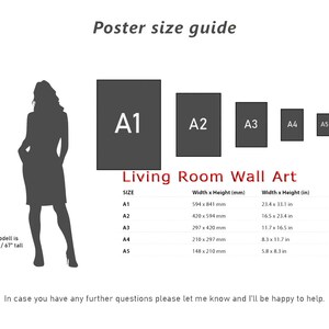 K&ouml;nnte beinhalten: Ein Postergr&ouml;&szlig;enleitfaden f&uuml;r Wandkunst im Wohnzimmer. Der Leitfaden zeigt f&uuml;nf verschiedene Postergr&ouml;&szlig;en, die von A1 bis A5 gekennzeichnet sind, mit ihren entsprechenden Abmessungen in Millimetern und Zoll. Der Leitfaden enth&auml;lt auch eine Silhouette einer Person, um die Gr&ouml;&szlig;e jedes Posters zu veranschaulichen.
