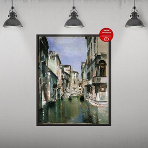 May include: A painting depicting a narrow canal in Venice, Italy. The canal is lined with tall buildings, some with arched windows and balconies. A small bridge spans the canal in the middle of the image. The water is a deep green color and reflects the buildings and sky.