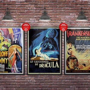 Set of 3 old Movie posters - Mummy poster download, Dracula poster download and Frankenstein poster download, Digital download posters