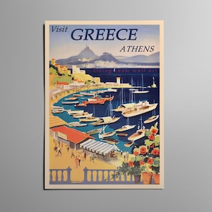 Greece, Athens Travel Poster Vintage, retro travel poster for Athens, Greece with the town and port, harbour, sailboats