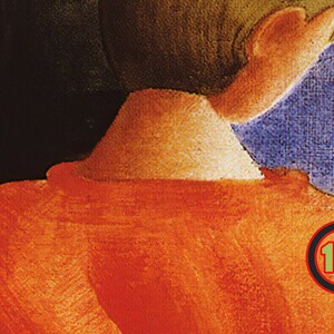 May include: A close-up of a woman's back, wearing a red shirt. Her hair is dark and her neck is visible. The background is a blue and black abstract pattern.