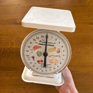 Vintage American Family Scale - White Kitchen Scale with Food Graphics - Retro Kitchen Decor