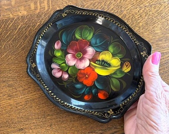 Bandeja de arte popular ruso estilo Zhostove - Bandeja de metal lacado pintada a mano - Bandeja decorativa de metal