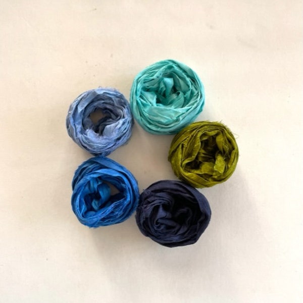 5 Color Sari Silk Sampler - Recycled Silk Ribbon - 5 Ocean Colors, 2 Yds Each, 10 Yds Total, Journaling Ribbon