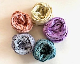 5 Color Sari Silk Sampler - Recycled Sari Ribbon - 5 Spring Colors, 2 Yds Each, 10 Yds Total, Journaling Ribbon