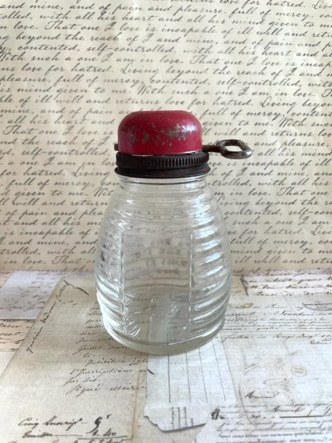 1930s vintage nut grinder, old red paint metal hand crank nut crusher w/  glass jar