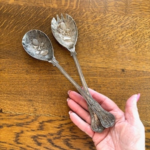 Large Antique Silver Serving Utensils - Antique Bas Relief Serving Spoon Set - Antique Silver Plate Utensils