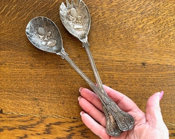 Large Antique Silver Serving Utensils - Antique Bas Relief Serving Spoon Set - Antique Silver Plate Utensils