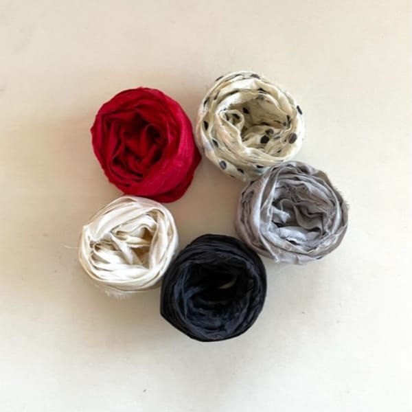5 Color Sari Silk Sampler - Recycled Sari Silk Ribbon -  2 Yds Each, 10 Yds Total, Journaling Ribbon
