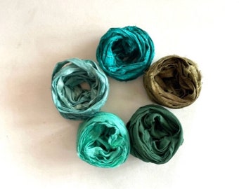 Teal & Green Sari Silk Ribbon - Recycled Silk Sari Ribbon - 5 Colors, 2 Yds Each, 10 Yards Total
