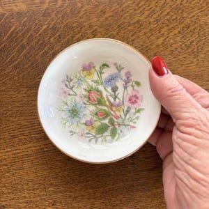 May include: A small, round, white dish with a gold rim. The dish is decorated with a colorful floral pattern featuring pink, blue, yellow, and green flowers. The dish is held by a person with red nail polish.