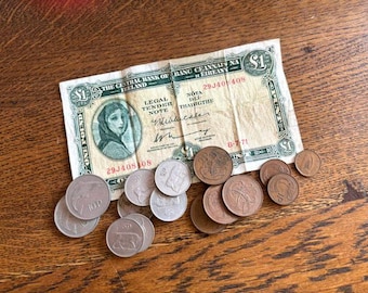 Vintage Irish Money - 1970's Ireland Pound Banknote and Coins - Vintage Foreign Money