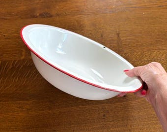 Vintage Enamelware Fruit Bowl - White & Red Enamel Bowl - Vintage Enamelware
