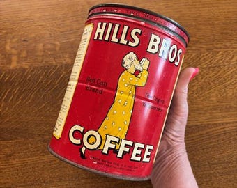 Antique Hills Bros Coffee Tin - 2 Lb Hills Bros Coffee Can - Antique Kitchen Decor - Storage Can