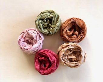 Sari Silk Sampler - Recycled 5 Color Sari Silk Ribbon -  2 Yds Each, 10 Yds Total, Journaling Ribbon