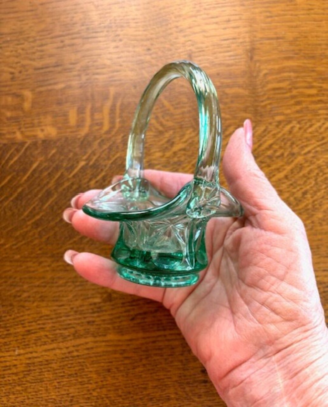 Vintage Fenton Green Glass Basket Mini Art Glass Basket Collectable