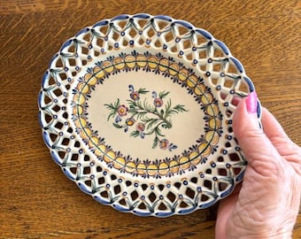 Vintage Carvalhinho Porto Lattice Rim Plate - Hand Painted Portugal Floral Ceramic Plate - Decorative Plates