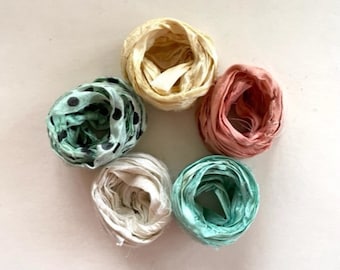 5 Color Sari Silk Sampler - Recycled Sari Ribbon - 5 Soft Pastels, 2 Yds Each, 10 Yds Total, Journaling Ribbon