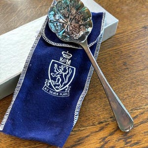 Puede incluir: Una cuchara de plata con un cuenco en forma de hoja y una bolsa de terciopelo azul. La bolsa tiene un escudo con las letras "KGM" y las palabras "A1 Silver Plate".