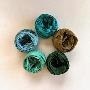 Teal & Green Sari Silk Ribbon - Recycled Silk Sari Ribbon - 5 Colors, 2 Yds Each, 10 Yards Total image 1