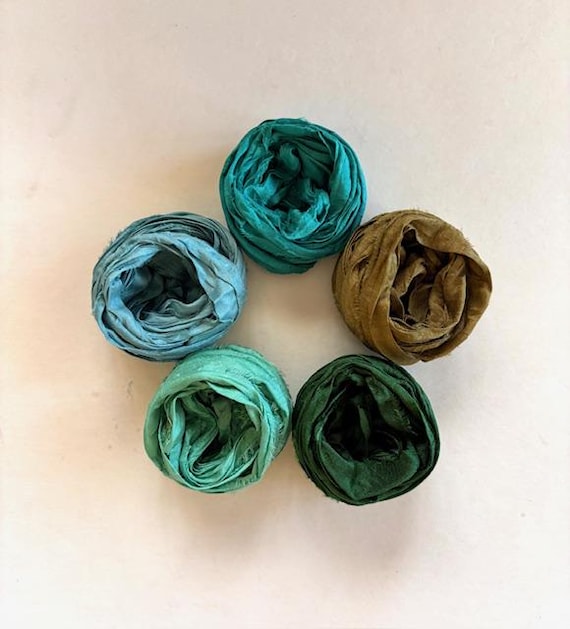 Teal & Green Sari Silk Ribbon - Recycled Silk Sari Ribbon - 5 Colors, 2 Yds Each, 10 Yards Total