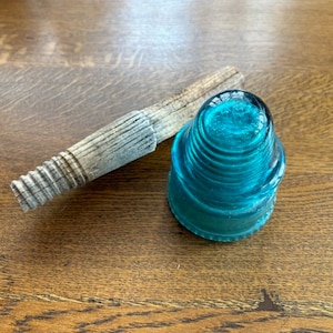 Vintage Telephone Pole Insulator & Post - Aqua Glass Insulator - Hemingray-19 Insulator With Post