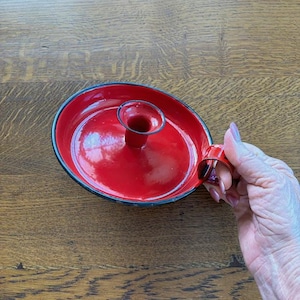 Red Enamelware Candlestick Holder - Antique Enamel Candle Holder - Farmhouse Decor