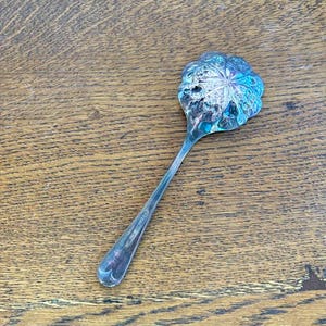 Puede incluir: Una cuchara de az&uacute;car de plata con un dise&ntilde;o floral ornamentado en el cuenco. La cuchara tiene un mango largo y delgado.