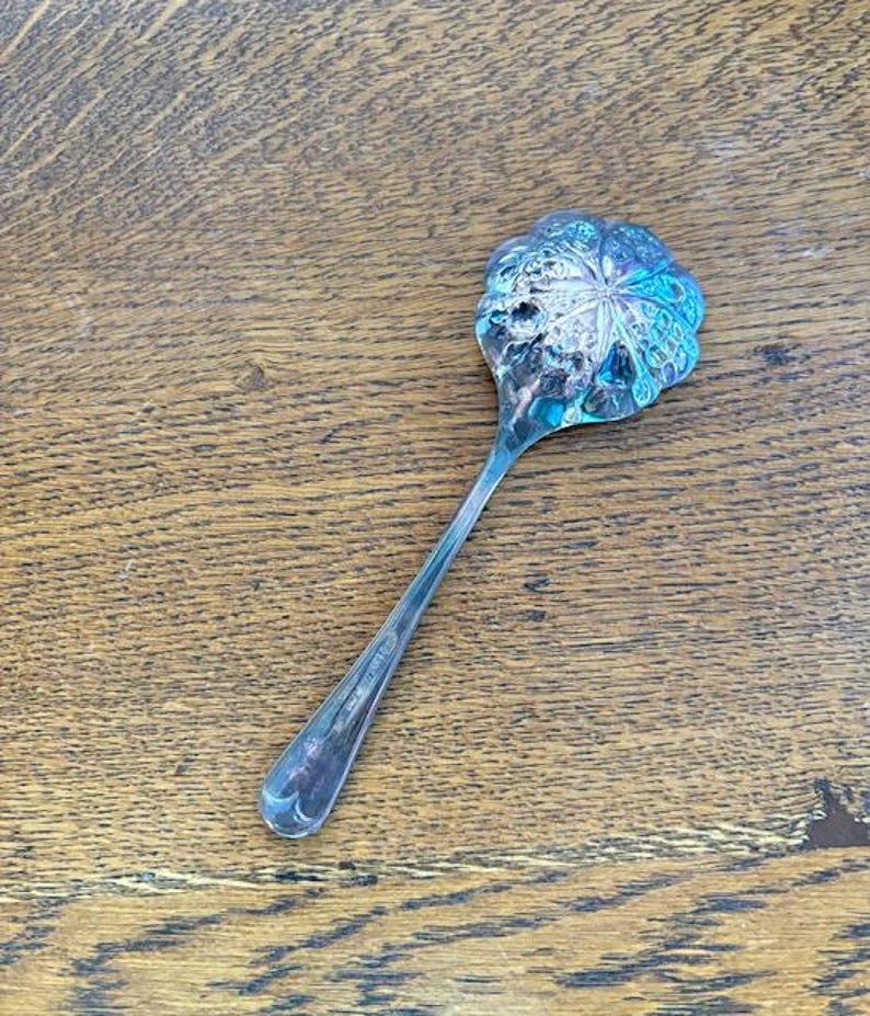 Puede incluir: Una cuchara de az&uacute;car de plata con un dise&ntilde;o floral ornamentado en el cuenco. La cuchara tiene un mango largo y delgado.