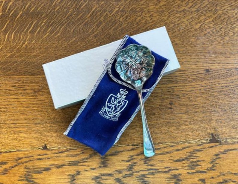 Puede incluir: Una cuchara de servir de plata con un dise&ntilde;o floral decorativo. La cuchara est&aacute; en una bolsa de terciopelo azul con un escudo que dice "E.P. Silver Plate".