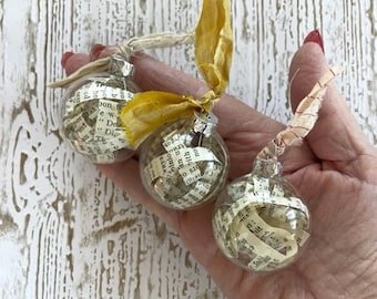 Glass Ornaments With Vintage Book Text - (3) 1 1/2" Filled Glass Ornaments - Book Lover Gift