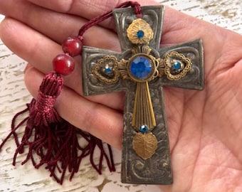 Vintage Jo Marz Jeweled Cross - Christian Cross Ornament - Collectable Artisan Cross