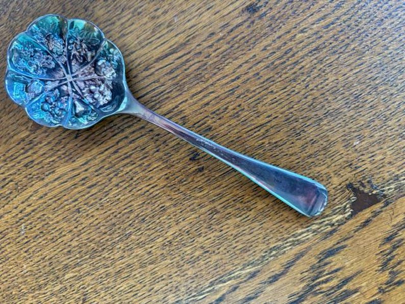 Puede incluir: Una cuchara de servir de plata con un dise&ntilde;o floral decorativo en el cuenco. La cuchara tiene un mango largo y delgado.
