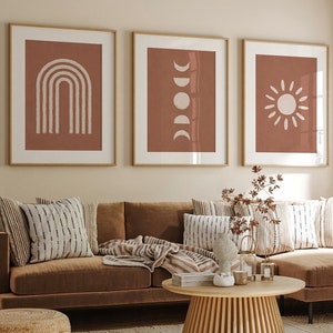 Abstrakte Galerie Wand Kunst Set, Boho Wand-Dekor, 3-er Set Drucke, Gebrannte Orange Farbe, Minimalistische Wandkunst, Terrakotta Drucke, Wand Kunst Drucke
