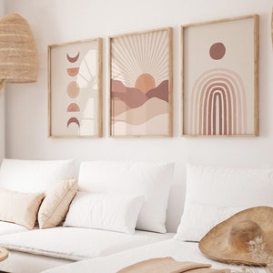Boho Wanddekor-Set mit 3 Drucken, moderne Wandkunst, neutrale Galerie-Wandkunst-Set, Mid Century moderne Kunst, Terrakotta-Drucke, Boho-Druckset