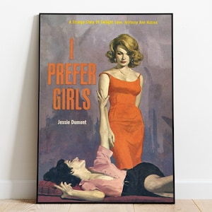 Impresión lésbica retro, póster vintage, "Prefiero chicas", póster lésbico, arte queer, impresión sáfica, arte lésbico, arte mural WLW, pareja de mujeres