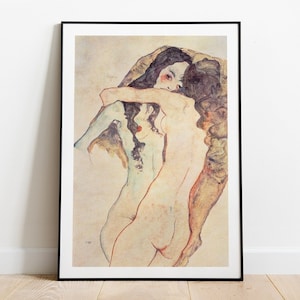 two lesbian women embracing painting by Egon Schiele