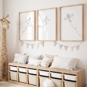 Set di 3 stampe di aeroplani, stampa artistica di linee di aeroplani, decorazione per cameretta dei ragazzi, arte murale per cameretta dei bambini, stampa di aerei per cameretta dei bambini, decorazione aviazione, aeroplano per bambini